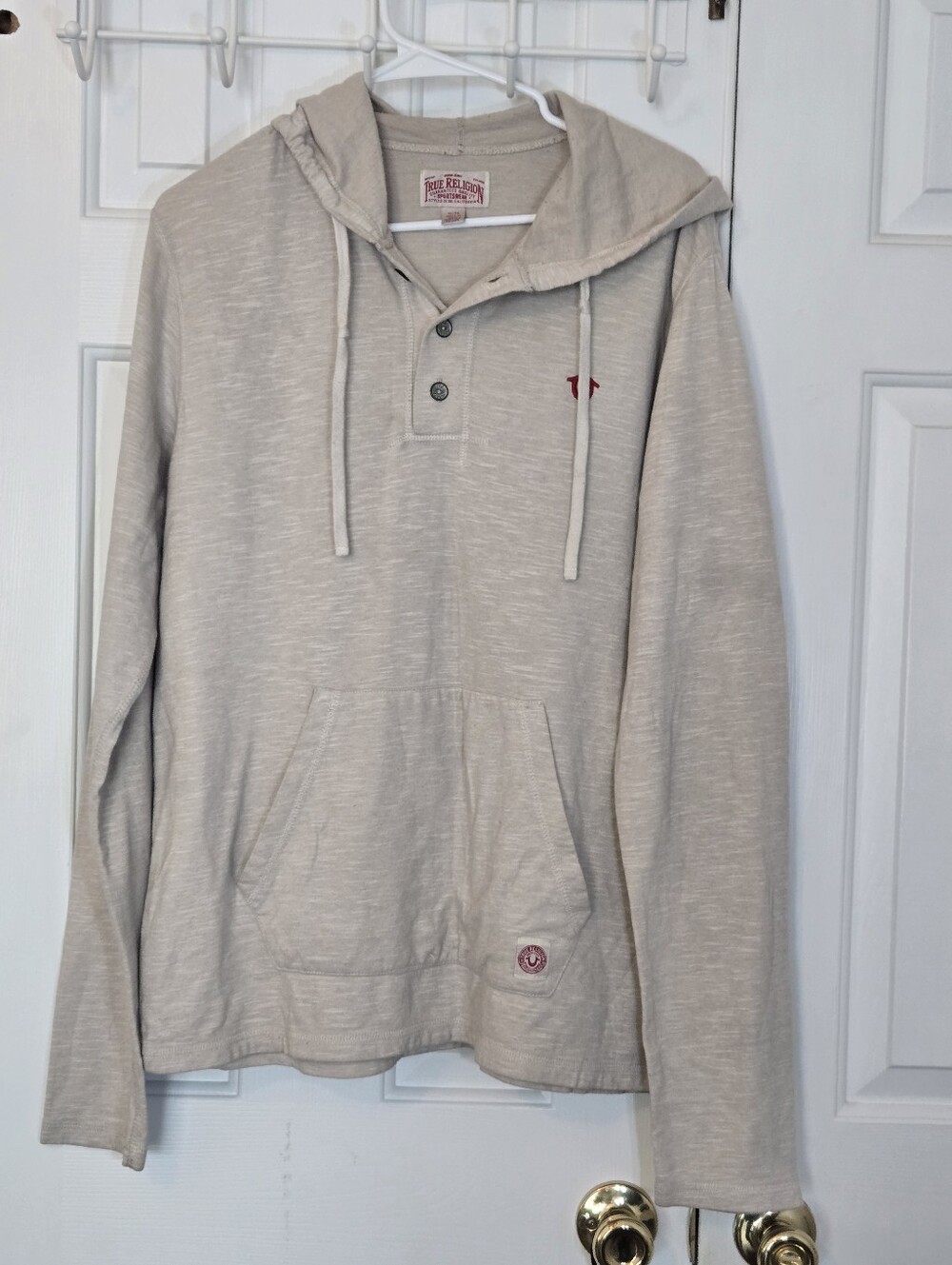 True Religion Beige Lightweight Hooded Henley Cotton Blend Size XL